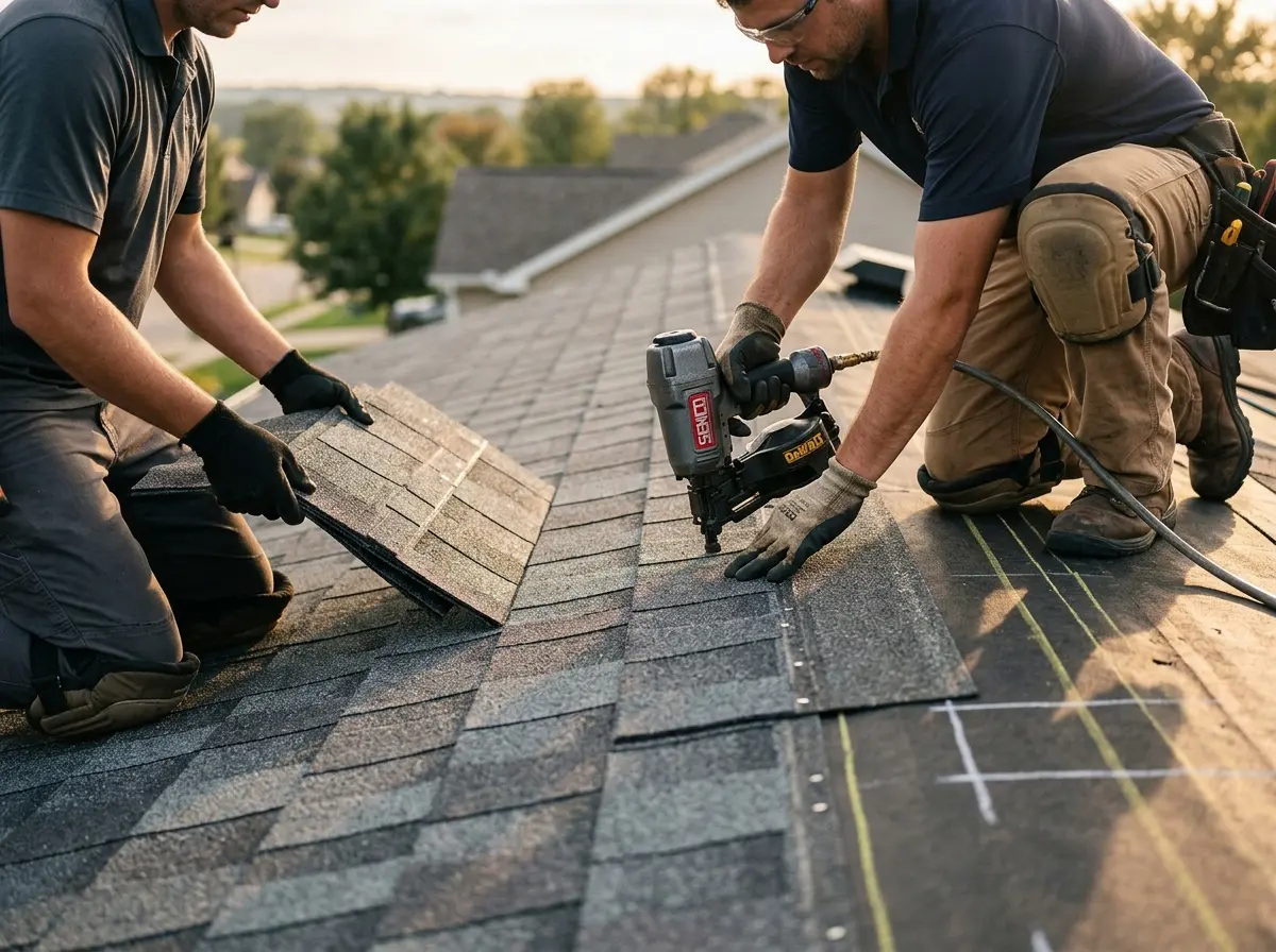 Professional roofer working on a residential roof in Hudson